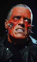 a man with his face painted red, with piercings