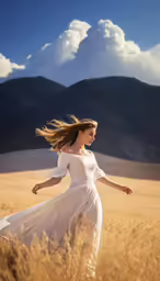 woman in white dress in open field looking at sky