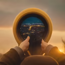a view from above of the city at night with a telescope pointed up