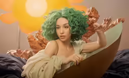 a woman with green hair in a boat bed