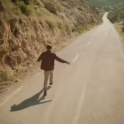 man in red jacket with arm outstretched walking on street