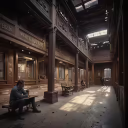 the old building has no people and a man sitting on a bench