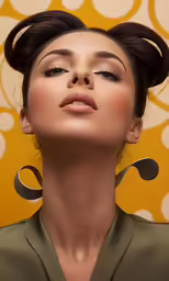 woman with her eyes closed with long black hair in her top bun and earrings