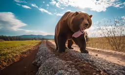 a large brown bear standing on a rural road