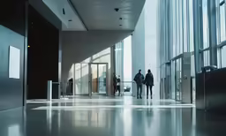 people walking along an entry way inside of an office building