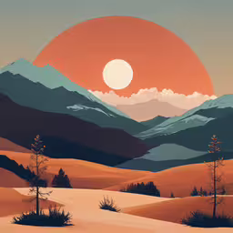 a mountain scene with trees and the sun setting,there are two trees in the snow in front of a mountain