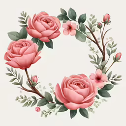 a floral wreath with pink roses, green leaves and buds