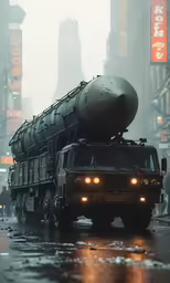 a large, black military vehicle with missiles on top driving through a city