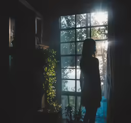 the girl stands alone in front of the window, staring out