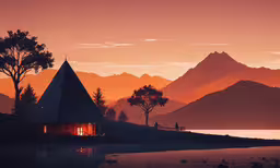 a large mountain view at sunset with a lake, house and trees,mountains are behind the lake and houses by the water