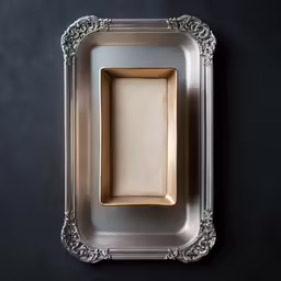 the gold frame has a large white tray in it