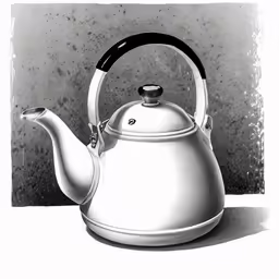 a white kettle with a black handle is sitting on a white surface