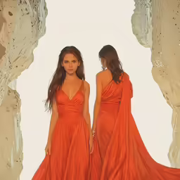 two women in long dresses walk together with their hands on the hips