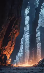 two men standing on rocks near fire in the woods