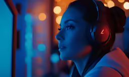 a woman is wearing headphones to listen to music