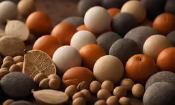 a collection of fruit containing an orange and some shells