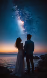 man and woman look into the night sky with the moon shining