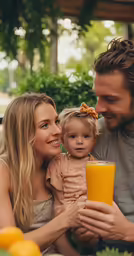 a man and woman with their child holding a cup