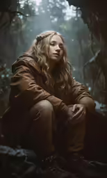 a person with long hair in the woods