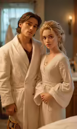 the actor and woman are standing in the room