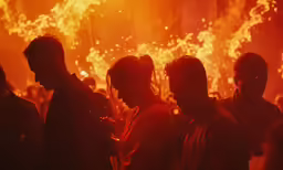 silhouettes are surrounded by fire at a night club