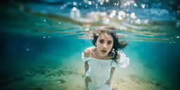 a girl is under water in a white dress