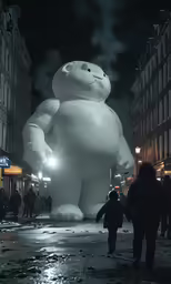 a large white frosty monster character on a street
