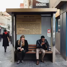 two people are sitting on a bus stop