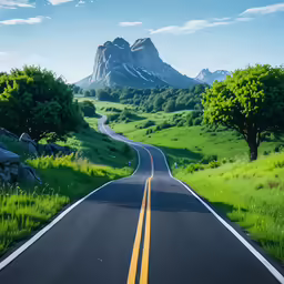 there are mountains in the background behind a empty road