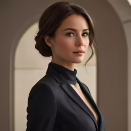the woman is posing for a picture while wearing a suit