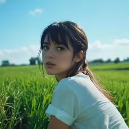 a girl is sitting in the middle of an open field