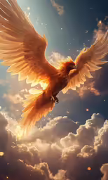 a golden bird flying through a cloudy sky