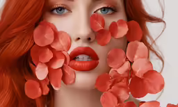a red - haired girl with bright lipstick painted the image in a flowery set