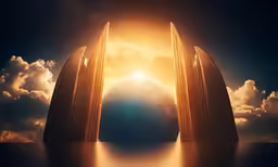 an alien world is surrounded by clouds and pillars