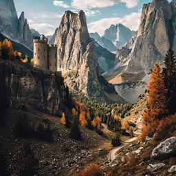 the valley is surrounded by tall mountains with trees