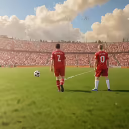 two soccer players in red uniforms walking across a green field