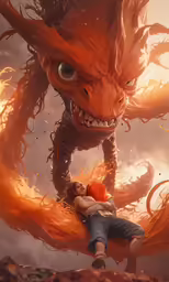 a woman is lying on a fire breathing creature