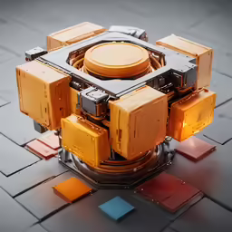 an array of different color blocks around a model on the floor