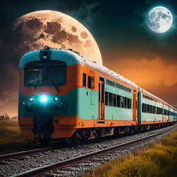the train on the tracks is lit up with a moon,a train on the tracks in front of the full moon