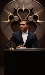 a man in a suit signing at the desk