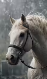 the face of a white horse with long hair and a bridle