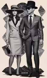 a couple dressed in vintage business clothes and fedoras pose for the cover of diorm magazine