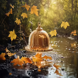 an elaborate gold covered birdbath is on a riverbank