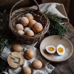 two quail halves sit on a table in front of some other eggs