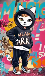 a cat in a sweatshirt and sneakers standing in front of a wall with a name written on it