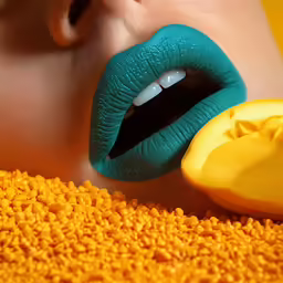 a woman with blue lipstick is holding a yellow piece