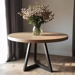 flowers are in a glass vase sitting on a round table