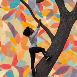 a woman climbing up the side of a tree