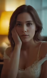 a beautiful woman in white top sitting down