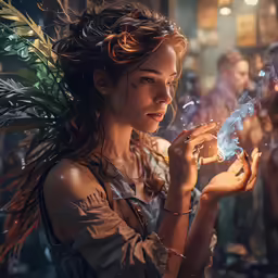a beautiful woman with wings holding a smoke bomb
